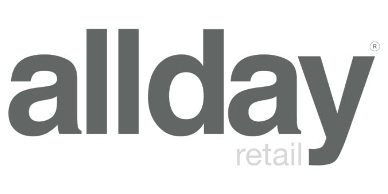 Gray 'allday retail' logo on a white background