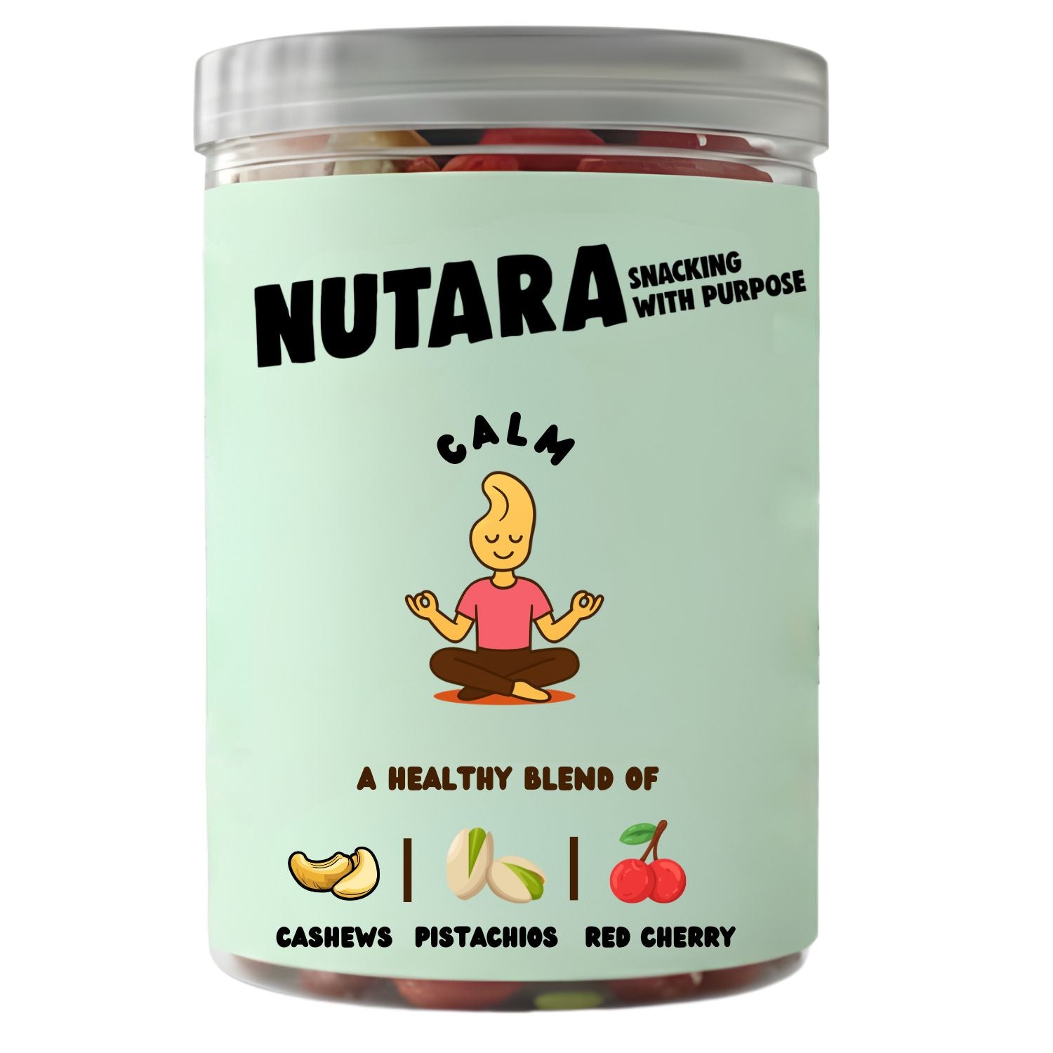 Jar of Nutara snacks with a cartoon character and snack ingredients on a light green background