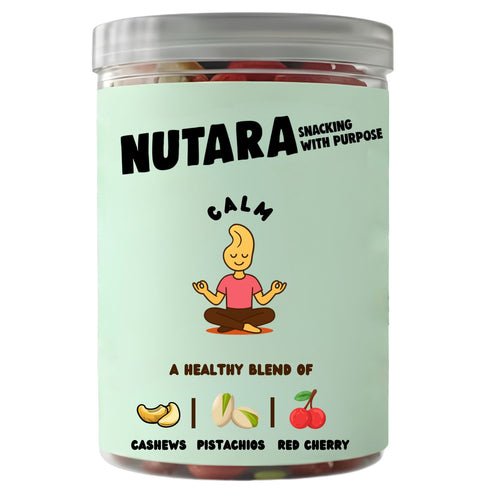 Jar of Nutara snacks with a cartoon character and snack ingredients on a light green background