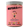 Jar of Nutara snack mix with pink label and illustration of a person lifting weights.