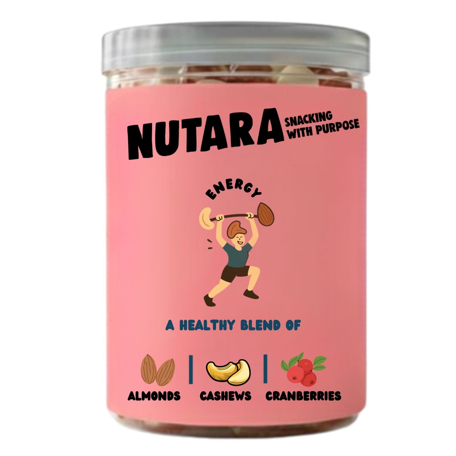 Jar of Nutara snack mix with pink label and illustration of a person lifting weights.