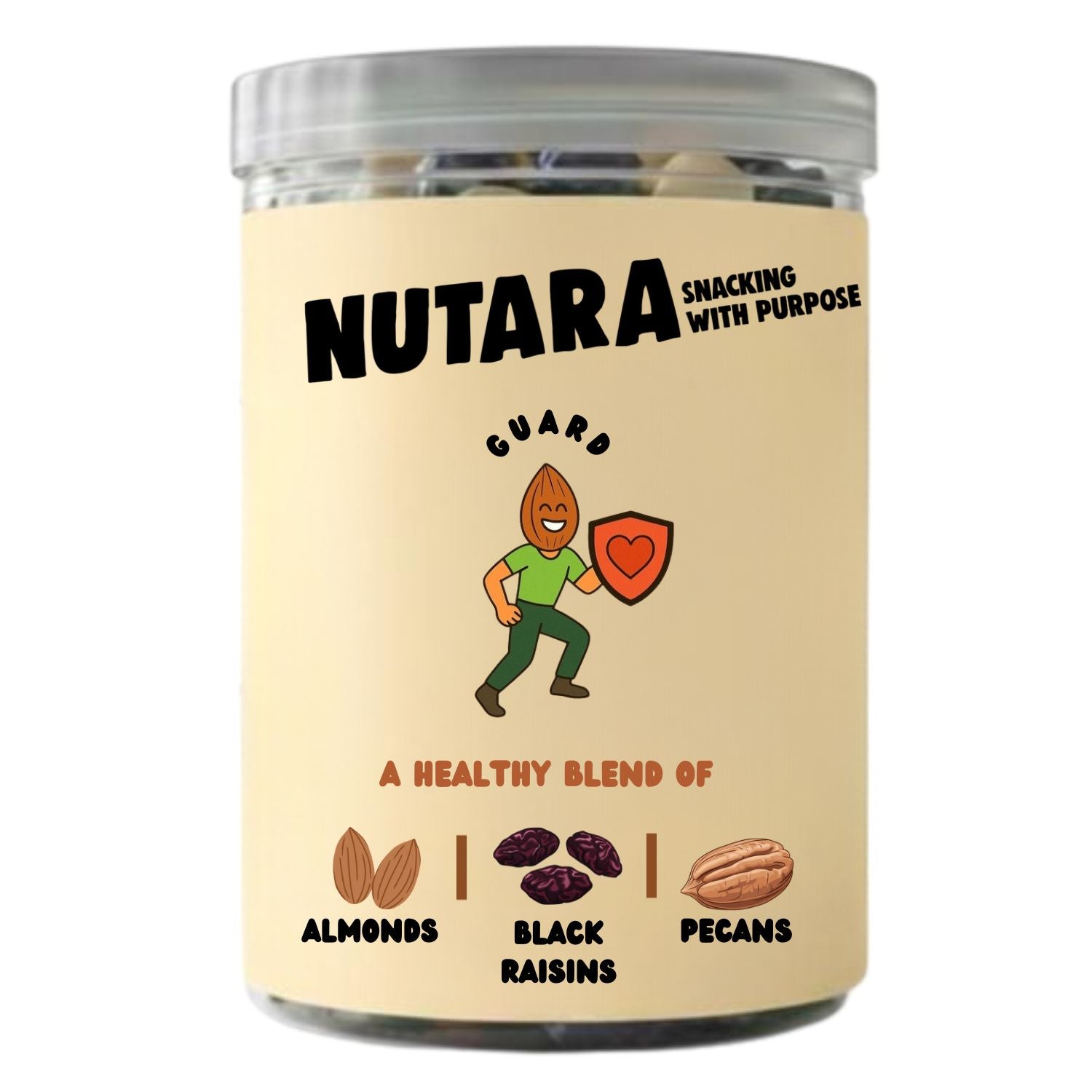 Jar of Nutara snack mix with cartoon character and ingredient icons on a beige background