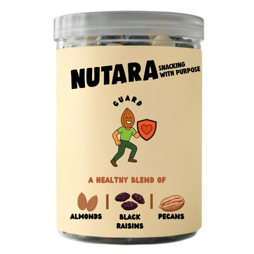 Jar of Nutara snack mix with cartoon character and ingredient icons on a beige background
