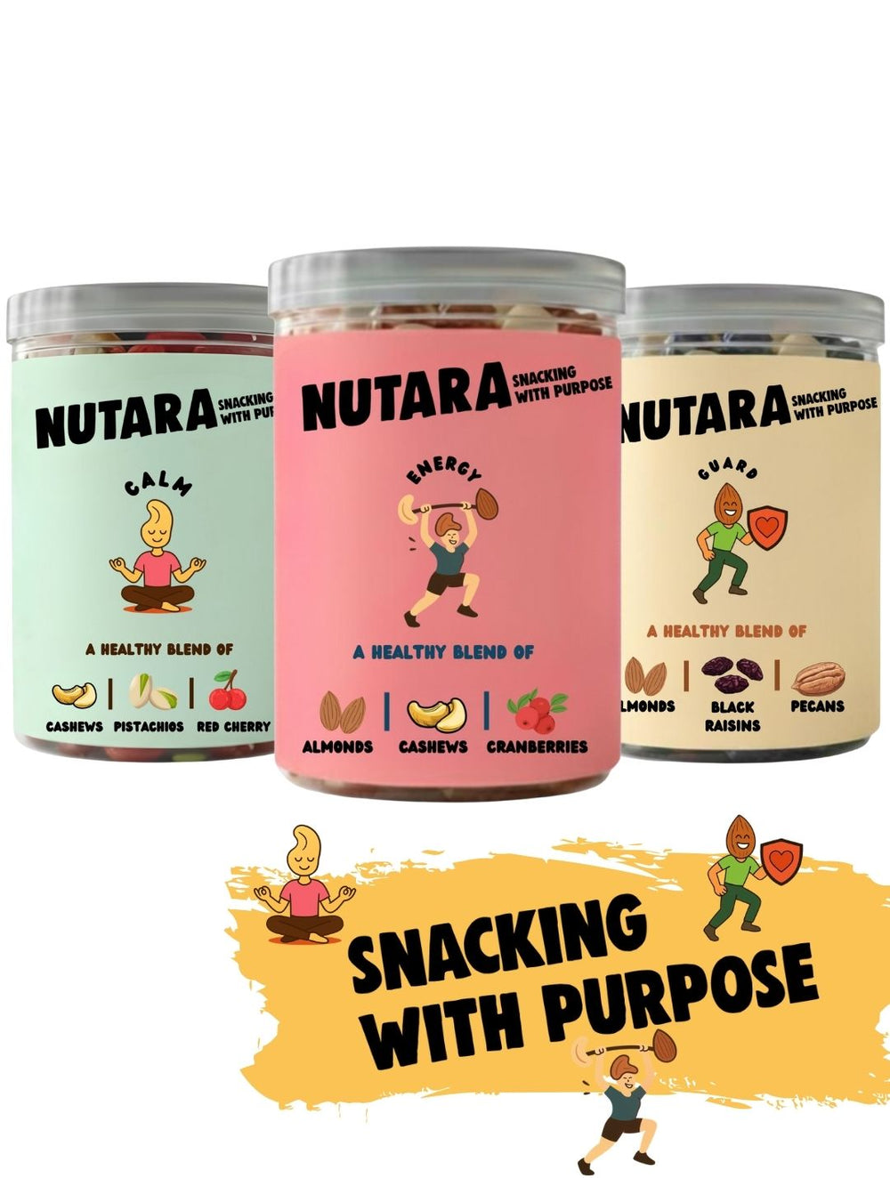 Three Nutara snack jars with colorful labels and illustrations on a white background.
